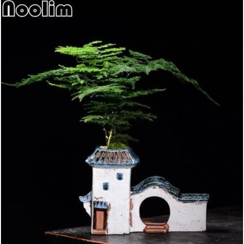 Creative Chinese Style House Shape Flower Pot Ceramic Home Office Desktop Green Plants Container Bonsai Garden Decor Crafts