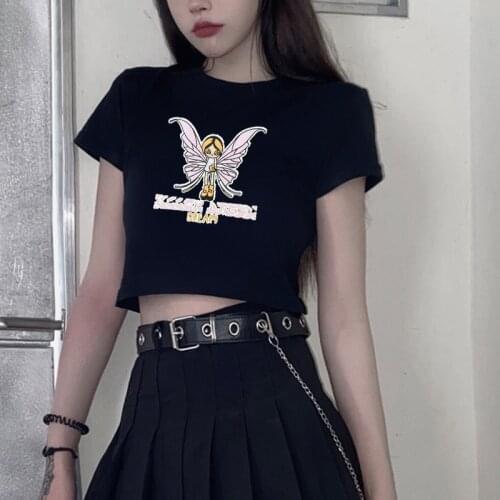 Butterfly And Letter Printing Black Crop Tops Y2K Summer Korean Style Streetwear O-neck Tee Short Sleeve Women T-shirts Clothes