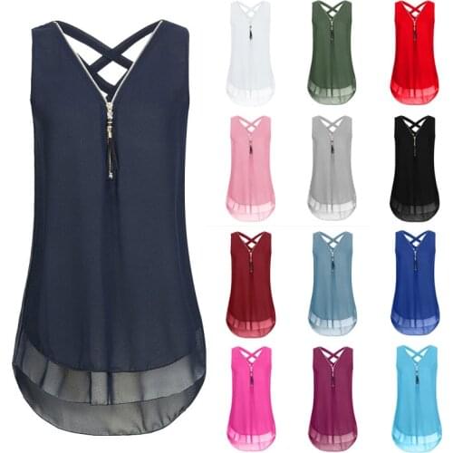 Fashion Women chiffon Tshirt v-neck sleeveless k Zipper irregular oversize loose Tops Tee shirts blusas mujer de moda 2021