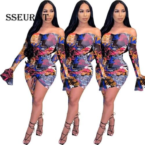 SSEURAT Fashion Print Sexy Club Dresses Sumnmer 2020 Slash Neck Ruffle Long Sleeve Bodycon Mini Dress