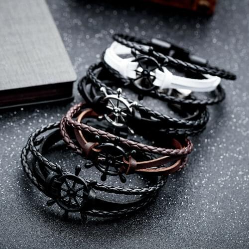 Fashion Black Personality Rudder Braid Bracelet Mens Leather Accessories