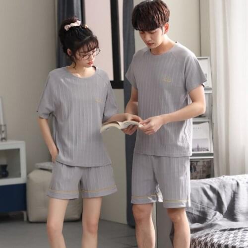 Couple Pajamas Summer Cotton Short Sleeve Solid Color Nightwear Home Wear Mens and Womens Sleepwear Suit 2021 Round Neck