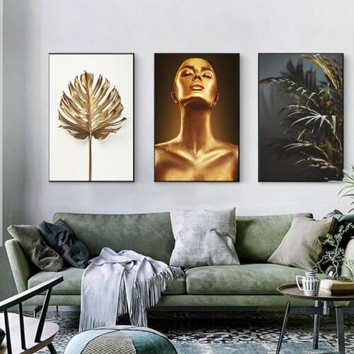 Nordic Plants Golden leaf Canvas Painting Posters and Print Wall Art Pictures for living Room modern Fashion Women Model decor