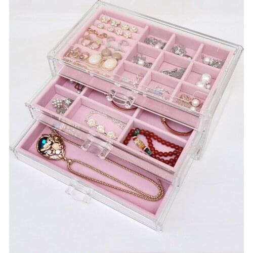 Transparent Dustproof Three-layer Jewelry Storage Box Necklace Earrings Ring Display Stand Flannel Cosmetic Organizer Tray