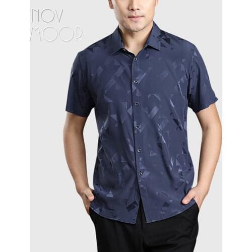 Novmoop high quality summer casual style blue white color short sleeve spandex silk shirt camisas de hombre chemise LT3050