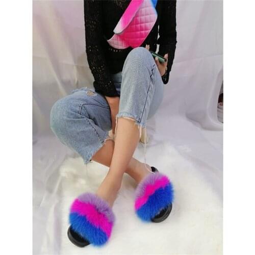 Fashion Women Fur Slides And Wallet Set Girl Fluffy Fur Slippers Plush Furry Sandals Ladies Rainbow Jelly Wallet Travel Shoes