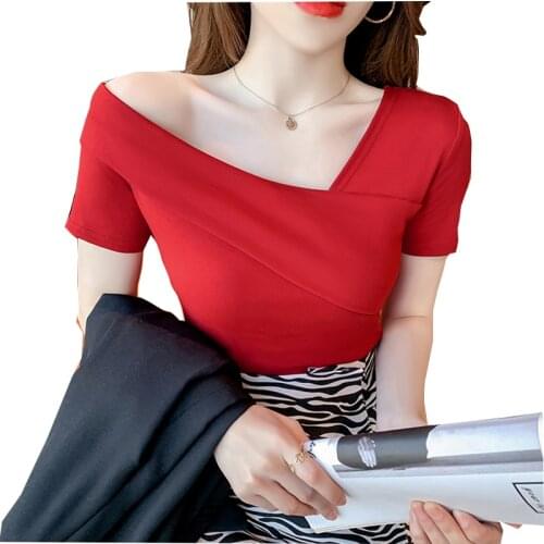 Off Shoulder Top Summer Cotton Skew Collar T-Shirt Women Solid Casual Short Sleeve Tee Shirt Female Knitted Tops harajuku Tshirt