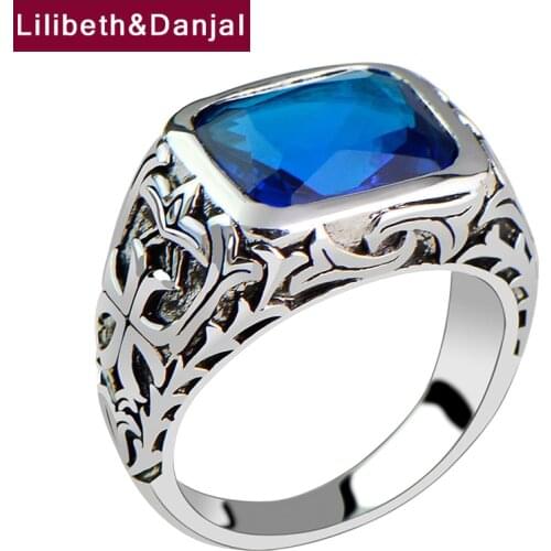 Pattern Ring Real 925 Sterling Silver Vintage Inlaid Blue Crystal Men Fine Brand Jewelry 2020 New Arrival Designer Wholesale R03