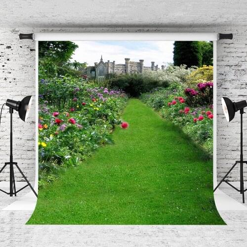 VinylBDS Spring Photography Background Castle Scenic Photography Backdrops With Grassland Washable Studio Backdrop Background
