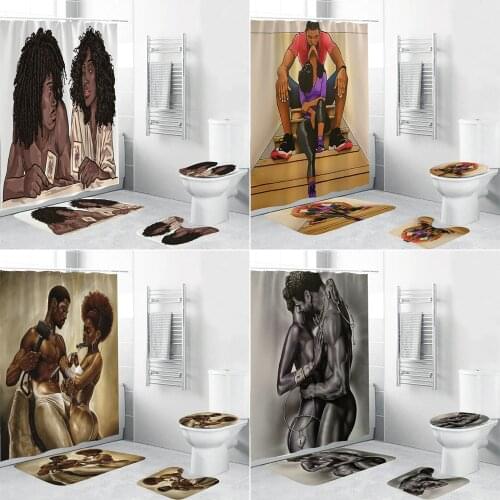 Loving Couple African Shower Curtain Toilet Lid Cover Bath Mat Set Afro Lover Bathroom Curtains Non-slip Rug Bathtub Home Decor