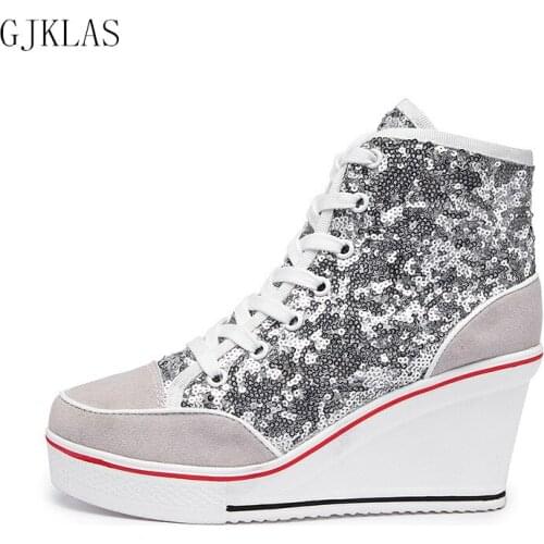 Bling High Top Wedge Sneakers for Women Heels Casuales Sport Shoes Women Platform Sneakers Plus Size Women Hidden Heel Boots