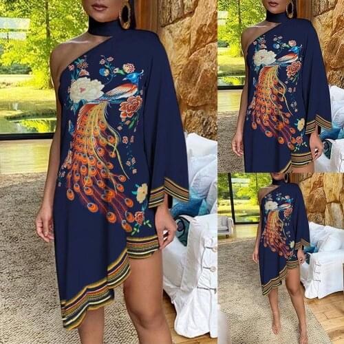 Spring Summer Dress 2021 Women Fashion Choker Peacock Print One Shoulder платье Irregular Ruffled Hem Dress Vestidos