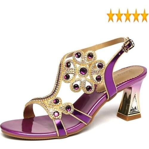 2021 Ladies Rhinestones High Summer Shoes Comfortable Elegant Peep Toe Thick Heel Sandals Female Pumps Plus Size