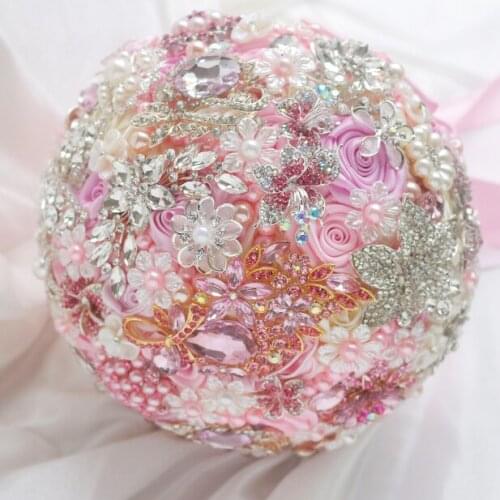 8-inch custom bridal bouquet, pink wedding bride holding flowers, bouquet brooch, diamond pearl jewelry made of ribbons