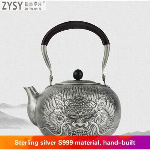 Pure silver Kung Fu tea set, manual production pure silver 999 do old burn water kettle mention beam pot, office gift collection