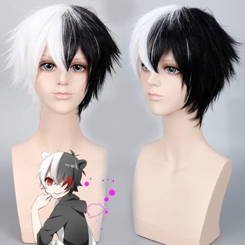 Danganronpa: Trigger Happy Havoc Dangan Ronpa Monokuma Men Short White Black Cosplay Wig Role Play Ponytails 35cm