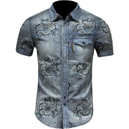 Mens Flower Print Spring Summer Denim Thin Shirt Short Sleeve Soft Cotton Slim Jeans Cowboy Shirts Fashion Young Man Tops