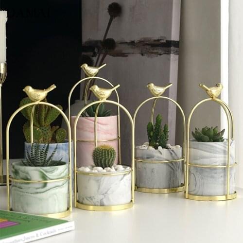 Golden Bird Ceramic Vase Natural Marble Iron Frame Flower Pots Decorative Ornaments Desk Flowers Vases Home Decoration Modern