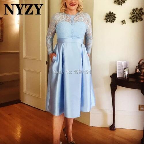 Cocktail Dresses NYZY C181 Sky Blue Long Sleeves Satin Pockets Formal Dress Party Gown Homecoming Graduation Robe Soiree Dubai