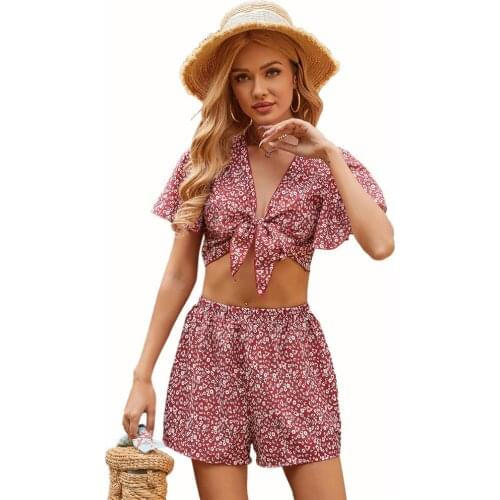 Liooil Printed Two Piece Sets Crop Top And Straight Leg Shorts V-Neck Short Sleeve Red wine Summer 2021 Womens Sexy Outfits