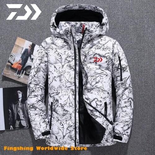 Mens White Duck Down DAIWA Fishing Jacket Warm Hooded Thick camouflage Coat Male High Quality Thermal Winter Fishing Clothing