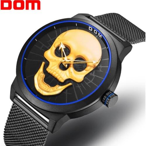 DOM Creative Skull Mens Watch Cool Stainless Steel Big Dial Vintage Boy Quartz Military Wristwatch Relogio Masculino