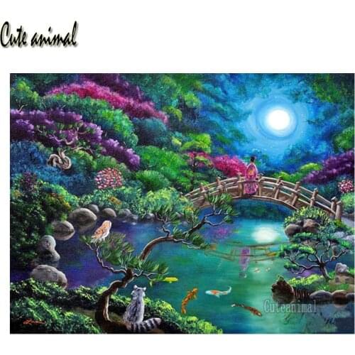 DIY 5D Diamond Painting Garden Lake Diamond Embroidery Full Drill Square Set Japanese Woman Diamond Mosaic Rhinestone Decor 2021