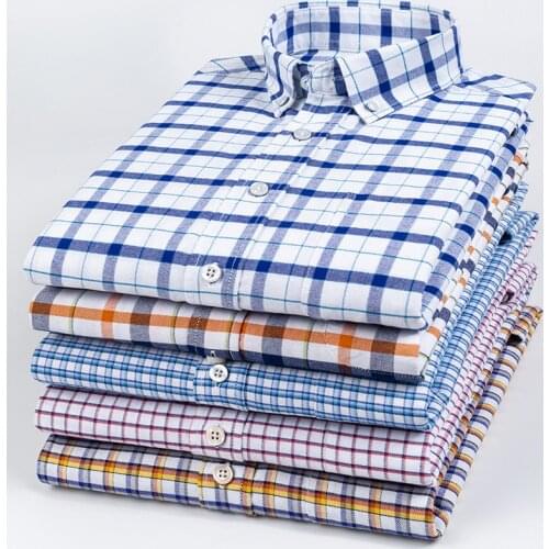 New 100% Cotton Oxford Mens Plaid Shirts For Man Long Sleeve Casual Korean Slim Camisas Shirt Male Pocket Button Social Clothing