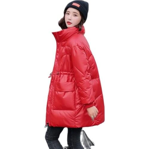 Parka Coat Women Winter Jackets Mid-Length Shiny Down Cotton Jacket Stand-Up Collar Zipper Cotton Padded Snow Overcoat Parkas