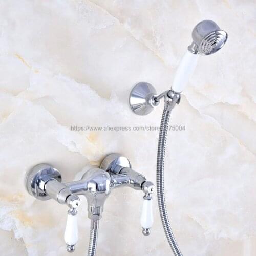 Polished Chrome Bathroom Rainfall Hand Shower Faucet Set Mixer Tap With Hand Sprayer Wall Mounted Nna778
