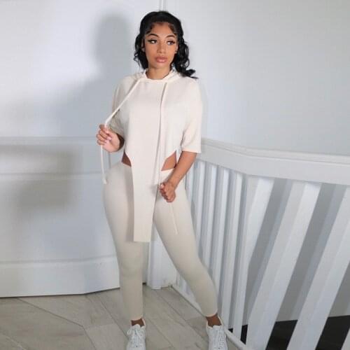 2021 Casual Women Tracksuit Two Piece Set Sportsuit Solid Color Hooded Drawstring Shirt And Long Pants For Women Outfit