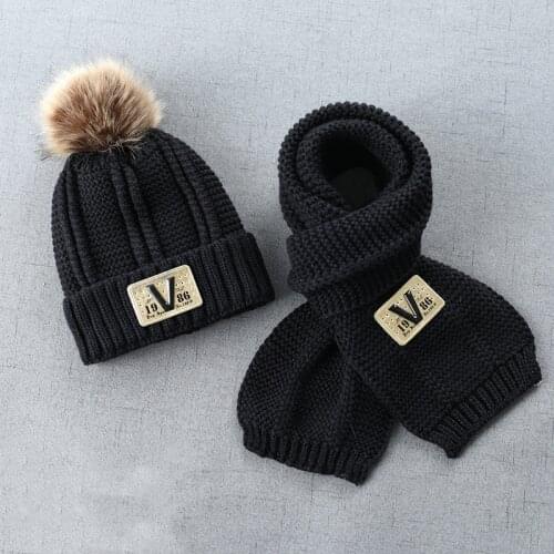 KENSHELLEY Winter Warm Hat Scarf Two-Piece Suit Plus Velvet Kids Fur Pom Pom Hat With Fleece Lined Striped Knit Hat Scarf Set