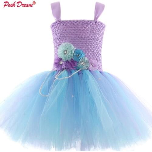 POSH DREAM Bright Rainbow Unicorn Dresses Flower Bright Blue Children Kids Tutu Dresses Handmade Tulle Unicorn Cartoon Costumes