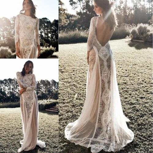 Country Long Sleeves Lace Boho Wedding Dresses 2020 Vintage Crochet Illusion Open Back Bohemian Bride Holiday Beach Wedding Gown