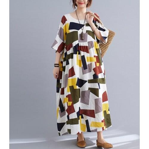 Loose Summer Dress 2021 New Arrival Thin Soft Cotton Linen Print Floral Vintage Dress Plus Size 5XL 6XL Women Beach Casual Dress