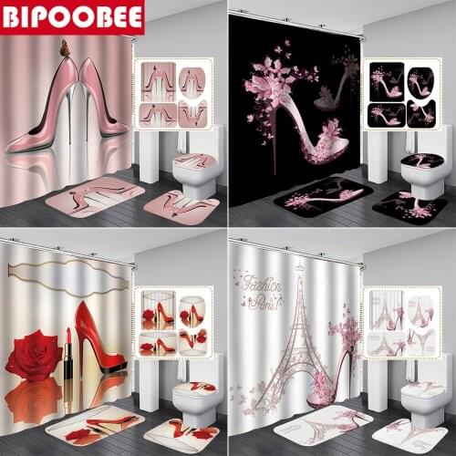 High Quality 3D Fashion Shower Curtain Pink High Heels Printed Bathroom Curtains Set Butterfly Bath Mat Anti-skid Rug Home Decor