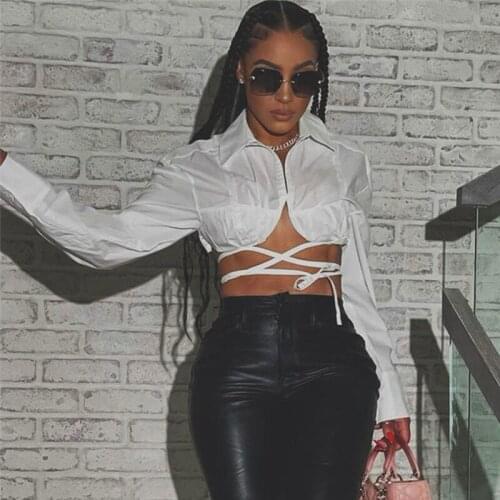 SEASONS Sexy Solid Lace Up Backless Shirts For Women Lapel Long Sleeve Korean Short Slim Blouses 2021 Fashion Summer ASBL83479