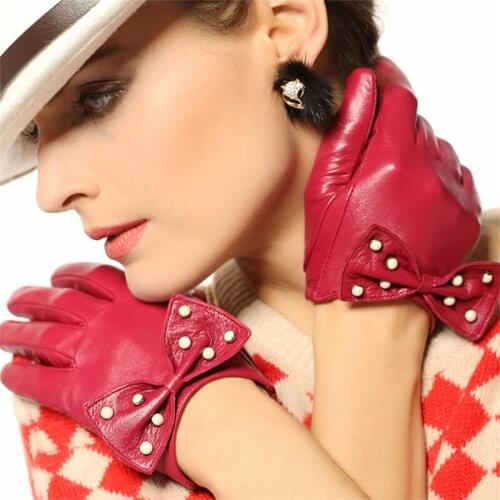 2020 NEW Womens Genuine Leather Gloves Female Fashion Elegant Sheepskin Gloves Wrist Bow knot Nylon Lined L119NN-1