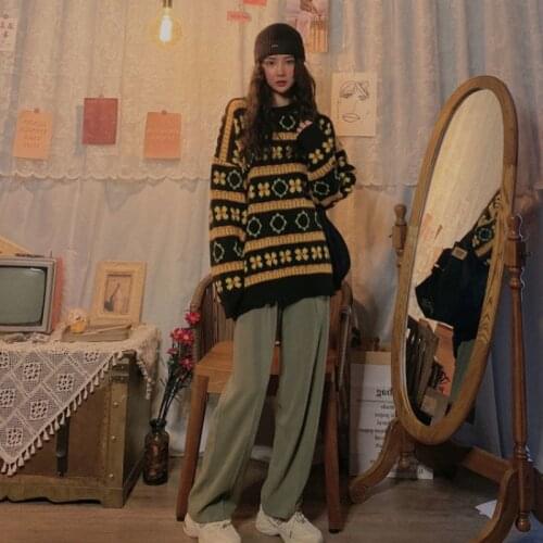 Retro Striped Women Sweater Pullover Vintage Tops Spring Autumn Thick Loose Long-Sleeved Round Neck Harajuku Streetwear Clothes