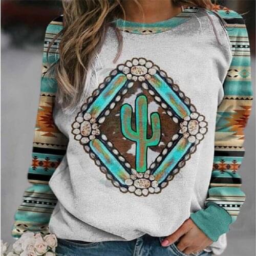 Harajuku Cactus Geometric Print Sweatshirt Women 2021 Autumn Winter Loose Pullover Long Sleeve Crew Neck Sweatshirt Tops Tshirt