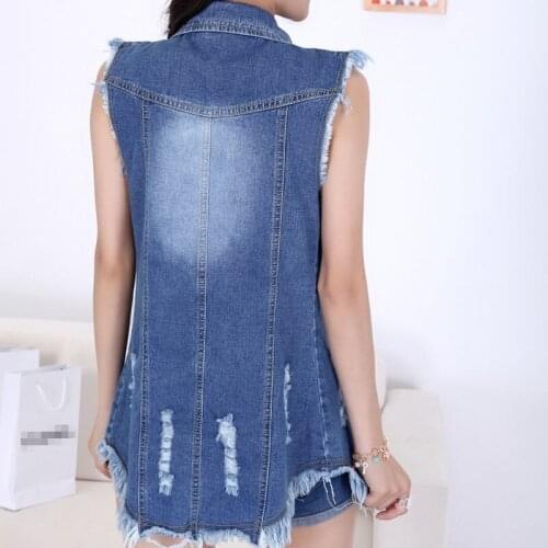 Autumn New Fashion Women Denim Vest Waistcoat Female Sleeveless Jacket Coat Casual Cotton Outerwear Hole Bomber Jean Plus Size