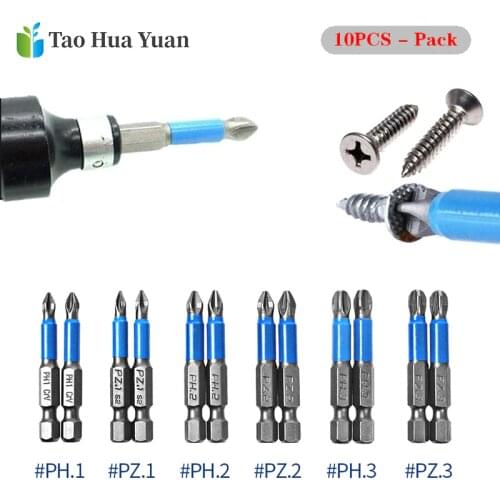 10pcs Gcr15 Phillips Bits Hex Shanked Anti-Slip Screwdriver Bits Magnetic Single Head PH1 PZ1 PH2 PZ2 PH3 PZ3 50mm Length Tools