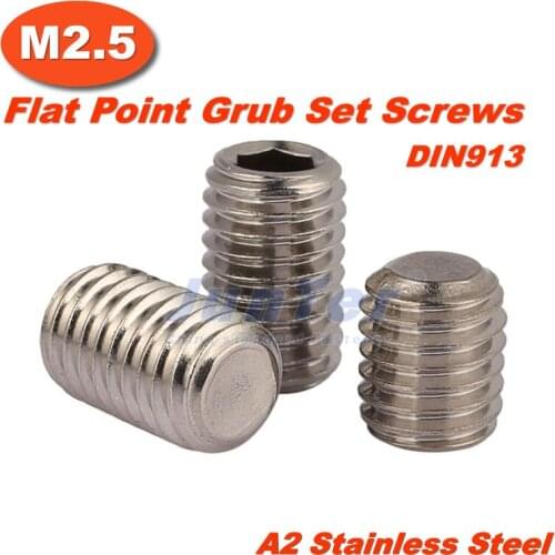 100pcs/lot M2.5(2.5mm) A2 Stainless Steel Flat Point Grub Hex Socket Set Screws DIN913