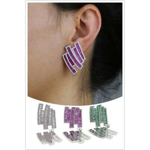 2020 Luxury High Quality Geometric Shape Stud Earrings Paved White/Green Red Baguette Cz Exaggeration Jewelry Gift