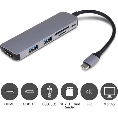 6 in1 Type C Hub Adapter with HDMI-compatible Multiport USB 3.0 Micro-SD TF PD Card Reader