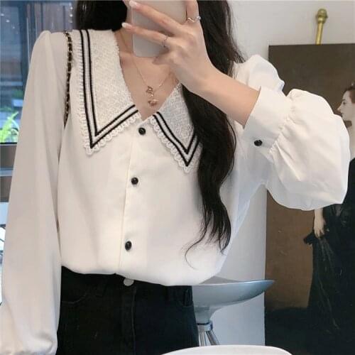 Fashion vintage lace trim lapel chiffon shirt women blouse single breasted loose top female korean elegant long sleeve blouses