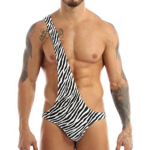 Mens Zebra Striped Bodysuit One-Shoulder Stretchy Lingerie Exotic Costumes Mankini Sexy Underwear Adult Males Fashion Nightwear