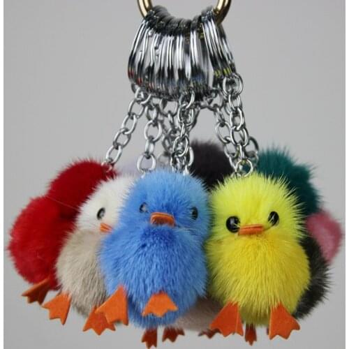Cute Girls Fluffy Mink Fur Pompom Chick Key Chains Pompon Ball Duck Keychain Women Bag Car Trinket Jewelry Party Friends Gifts