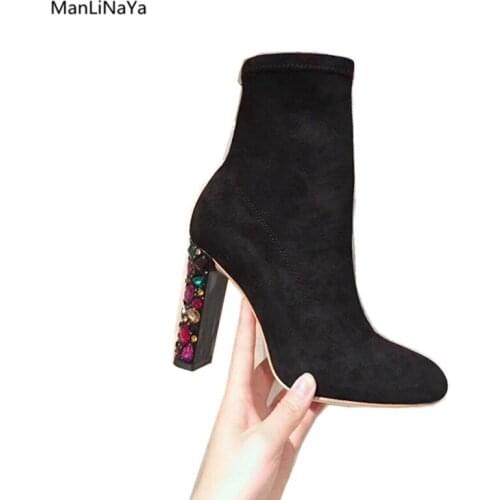 Brand Design Colorful Crystal Square Heel Women Boots Pointed Toe Kid Suede Women Shoes Spring Autumn Female Martin Short Boots