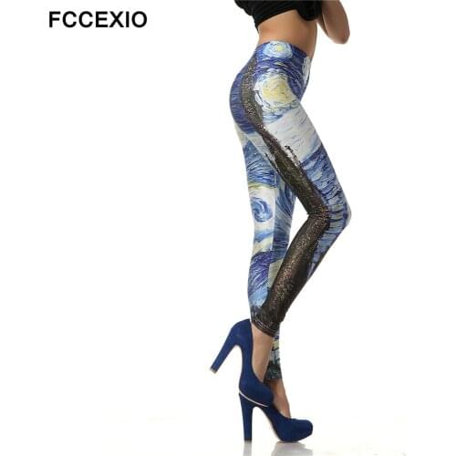 FCCEXIO Brand Slim High Waist Leggings Women Pants European and American Style 3d Printed Galaxy Van Gogh Starry Night Leggings